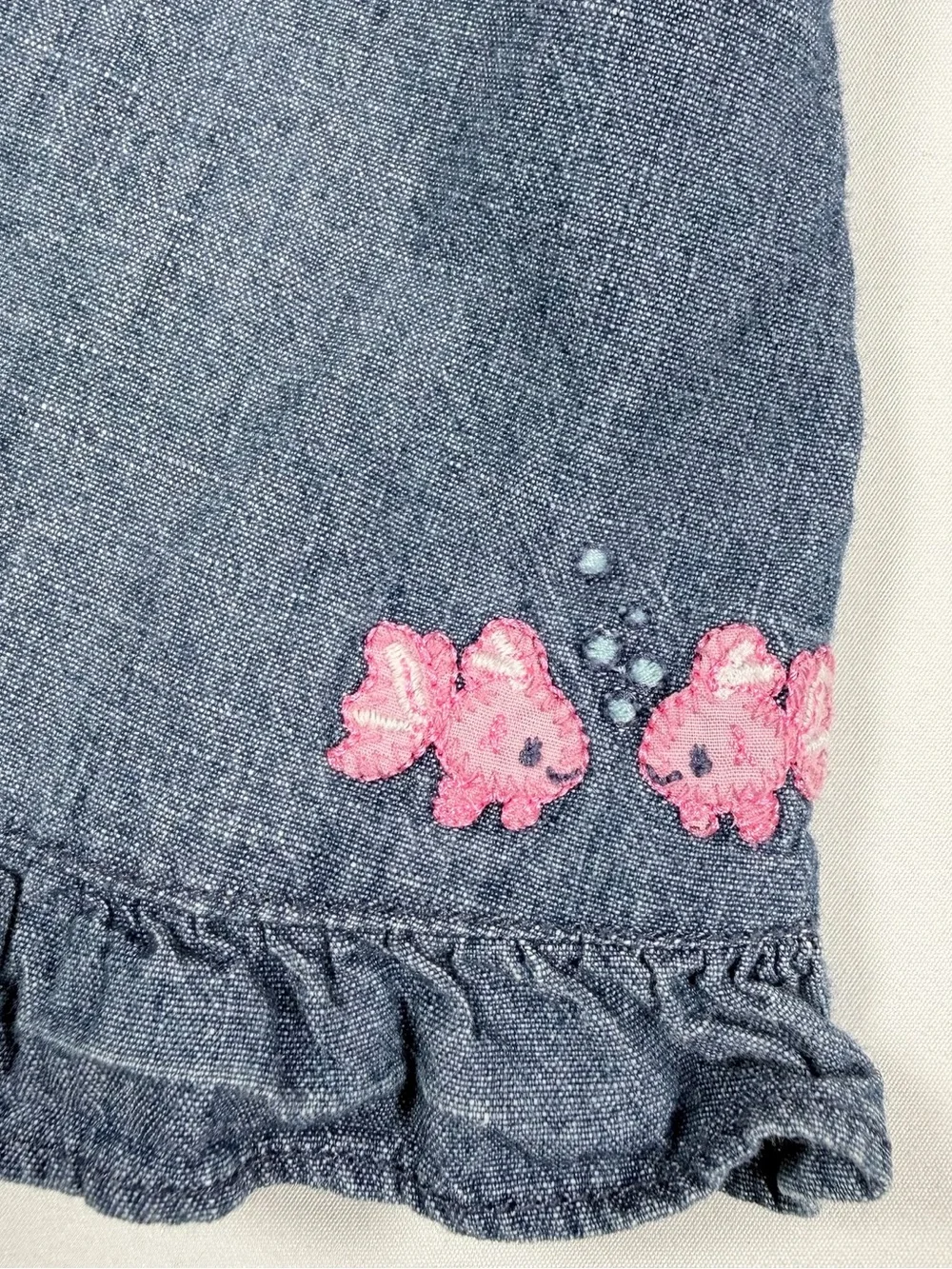GYMBOREE Girl VTG Bubbly Baby Line‎ Chambray Fish Embroidered Ruffle Dress 6-12M